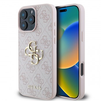 Originální zadní kryt Guess PU 4G Metal Logo pro iPhone 16 Pro Max Pink