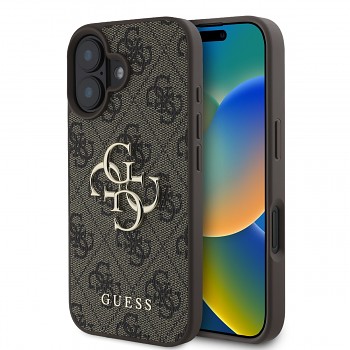 Originální zadní kryt Guess PU 4G Metal Logo pro iPhone 16 Plus Brown