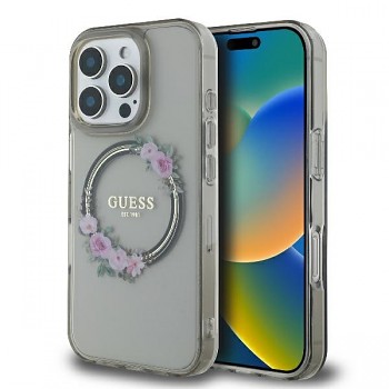 Originální zadní kryt GUESS IML Flowers Wreath Magsafe GUHMP16LHFWFCK pro iPhone 16 Pro tmavý