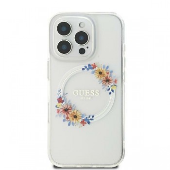 Originální zadní kryt GUESS IML Flowers Wreath Magsafe GUHMP16SHFWFCT pro iPhone 16 transparentní