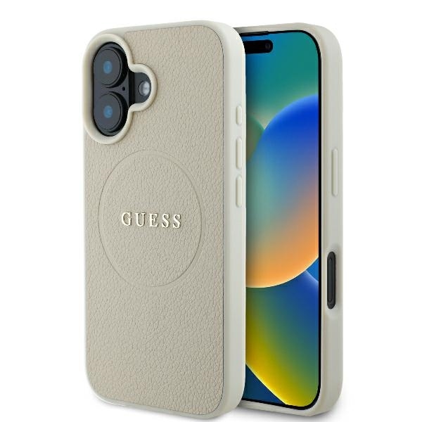 Originální zadní kryt GUESS hardcase Grained Gold Ring MagSafe GUHMP16SPGHSMME pro iPhone 16 beige