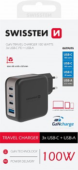 Adaptér Swissten Gan 3x USB-C 100W PD + 1x USB-A 18W QC černý