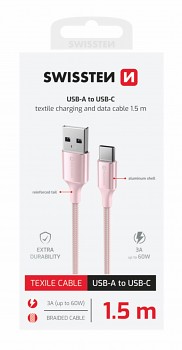 Datový kabel Swissten Textile II USB-A - USB-C 1,5 m růžový