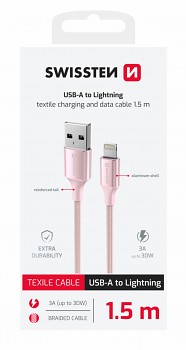 Datový kabel Swissten Textile II USB-A - lightning 1,5 m růžový