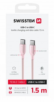 Datový kabel Swissten Textile II USB-C - USB-C 1,5 m růžový