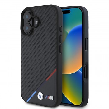 Zadní kryt BMW M PU Carbon Tricolor Stripe MagSafe pro iPhone 16 Black