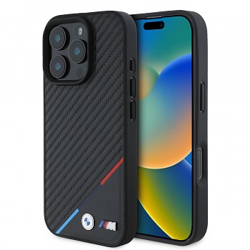 Zadní kryt BMW M PU Carbon Tricolor Stripe MagSafe pro iPhone 16 Pro Black