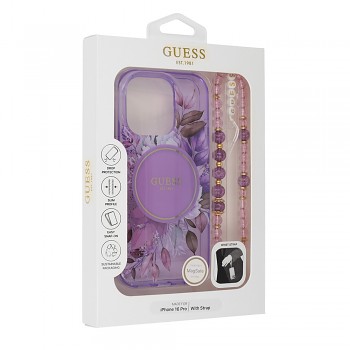 Originální zadní kryt GUESS IML Flowers with Pearl Strap Magsafe GUHMP16LHFWBRCESU pro iPhone 16 Pro purple