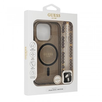 Originální zadní kryt GUESS IML Glitter with Pearl Strap Magsafe GUHMP16LHGCRELSK pro iPhone 16 Pro tmavý