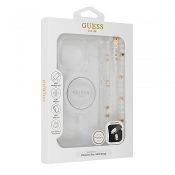 Originální zadní kryt GUESS IML Glitter with Pearl Strap Magsafe GUHMP16LHGCRELST pro iPhone 16 Pro transparentní