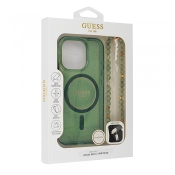 Originální zadní kryt GUESS IML Glitter with Pearl Strap Magsafe GUHMP16MHGCRELSA pro iPhone 16 Plus zelený