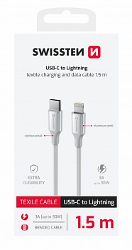 Datový kabel Swissten Textile II USB-C - Lightning 1,5 m bílý