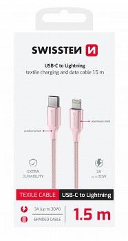 Datový kabel Swissten Textile II USB-C - Lightning 1,5 m růžový