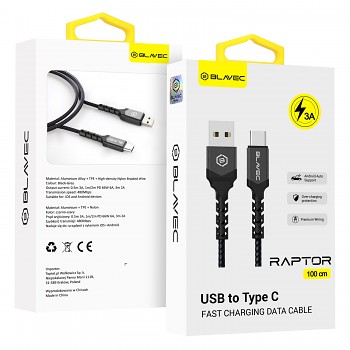 Datový kabel Blavec Raptor Braided USB-A - USB-C 3A (CRA-UC3BG10) 1m černo-šedý