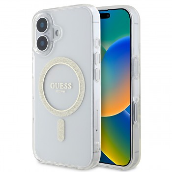 Zadní kryt Guess IML Glitter Ring MagSafe pro iPhone 16 Transparent