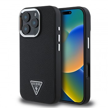 Zadní kryt Guess PU Grained Triangle Logo pro iPhone 16 Pro Black