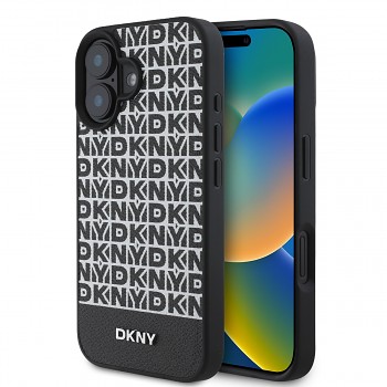 Zadní kryt DKNY PU Leather Repeat Pattern Bottom Stripe MagSafe pro iPhone 16 Black