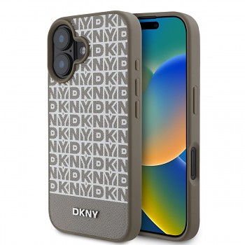 Zadní kryt DKNY PU Leather Repeat Pattern Bottom Stripe MagSafe pro iPhone 16 Brown