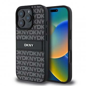 Zadní kryt DKNY PU Leather Repeat Pattern Tonal Stripe pro iPhone 16 Pro Black