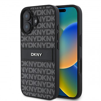 Zadní kryt DKNY PU Leather Repeat Pattern Tonal Stripe pro iPhone 16 Plus Black