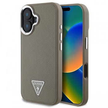 Zadní kryt Guess PU Grained Triangle Logo pro iPhone 16 Brown