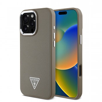 Zadní kryt Guess PU Grained Triangle Logo pro iPhone 16 Pro Brown