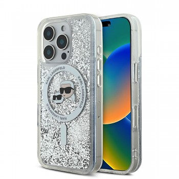 Zadní kryt Karl Lagerfeld Liquid Glitter Karl and Choupette Heads MagSafe pro iPhone 16 Pro Max Transparent