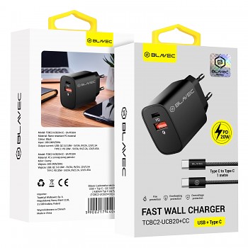 Rychlonabíječka Blavec BC2 s USB-C datovým kabelem Dual 20W (TCBC2-UCB20+CC) černá