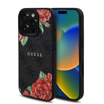 Zadní kryt Guess PU Leather 4G Roses MagSafe pro iPhone 16 Pro Black