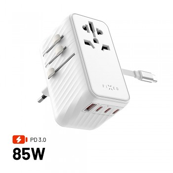 Cestovní adaptér FIXED Voyager 85W pro EU, UK a USA/AUS, s 4xUSB-C a 1xUSB výstupem, GaN, PD 85W, bílý