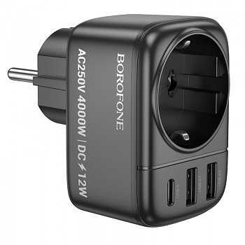 Adaptér Borofone BAC14 Wide 2xUSB + USB-C + zásuvka 12W černý