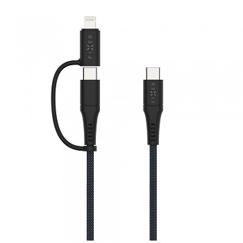 Dlouhý nabíjecí a datový opletený kabel FIXED s konektory USB-C-USB-C a Lightning adaptérem, PD, 3m, MFi, PD 60W, šedý