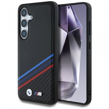 Originální zadní kryt BMW Leather Tricolor Crossing Stripes MagSafe pro Samsung Galaxy S25 černý