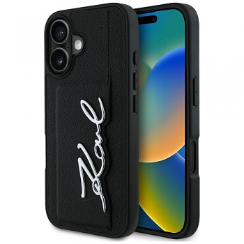 Originální zadní kryt KARL LAGERFELD HC Grained PU Cardslot Metal Signature pro iPhone 16 černý