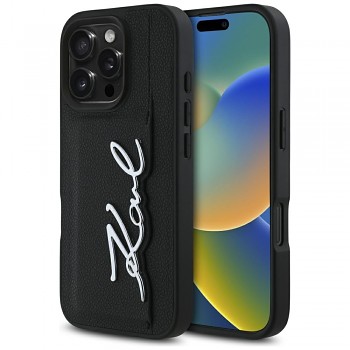 Originální zadní kryt KARL LAGERFELD HC Grained PU Cardslot Metal Signature pro iPhone 16 Pro černý