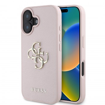 Zadní kryt Guess PU Grained 4G Metal Logo pro iPhone 16 Pink