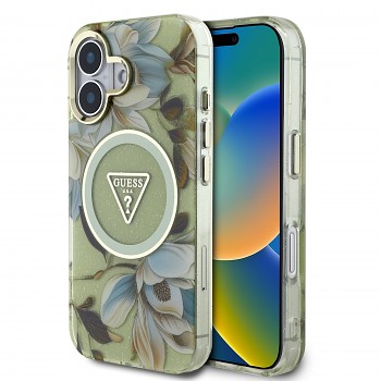 Zadní kryt Guess IML Glitter Magnolia and Triangle Logo MagSafe pro iPhone 16 Green