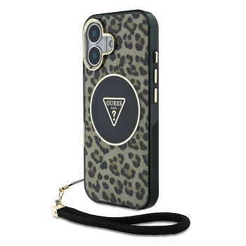 Zadní kryt Guess IML Leopard Triangle Logo Strap MagSafe pro iPhone 16 Brown