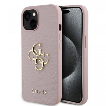 Zadní kryt Guess PU Grained 4G Metal Logo pro iPhone 15 Pink