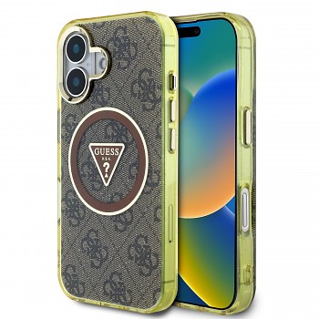 Zadní kryt Guess IML 4G Glitter and Triangle Logo MagSafe pro iPhone 16 Brown