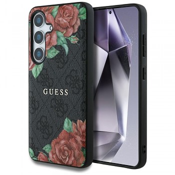 Originální zadní kryt GUESS Leather 4G Flowers Print Metal Classic Logo MagSafe do Samsung Galaxy S25 black