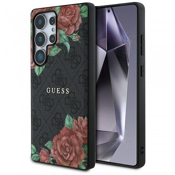 Originální zadní kryt GUESS Leather 4G Flowers Print Metal Classic Logo MagSafe do Samsung Galaxy S25 Ultra černý