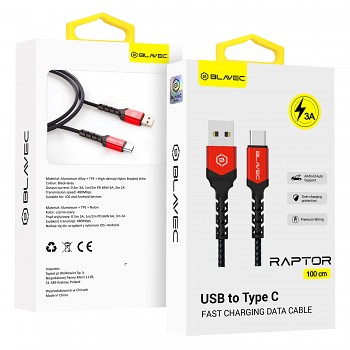 Datový kabel Blavec  Raptor Braided USB-A - USB-C - 3A 1m Apple CarPlay-Android Auto (CRA-UC3BR10) černo-červený