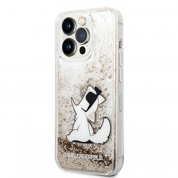 Karl Lagerfeld Liquid Glitter Choupette Eat Zadní Kryt pro iPhone 14 Pro Gold