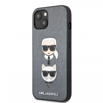 Karl Lagerfeld PU Saffiano Karl and Choupette Heads Kryt pro iPhone 13 mini Silver