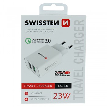 Swissten síťový adaptér 2x usb qc 3.0 + usb, 23w bílý 