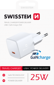 Adaptér Swissten mini Gan s funkcí rychlonabíjení USB-C 25W bílý