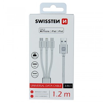 Datový kabel Swissten textile 3v1 mfi 1,2 m stříbrný