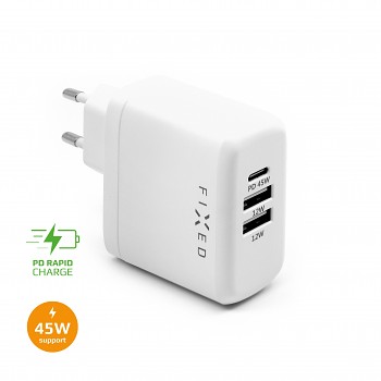 Síťová nabíječka FIXED s USB-C a 2xUSB výstupem, podpora PD, 45W, bílá