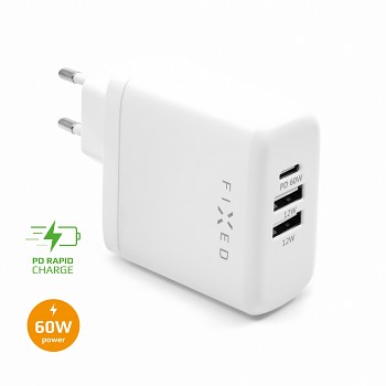 Síťová nabíječka FIXED s USB-C a 2xUSB výstupem, podpora PD, 60W, bílá